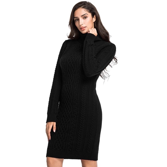 Cable Knit Slim Fit Turtleneck Sweater Dress - Picture 4 of 6
